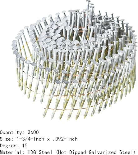 marddpair 1-3/4-Inch x .092-Inch Siding Nails 15-Degree Collated Wire Coil Full RoundHead Ring Shank Hot-Dipped Galvanized 3600 Count for Rough Nailing of Lathing and Sheathing Materials - Poueer