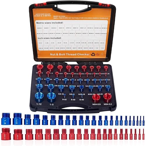 Thread Checker, 44 Nut Bolt Thread Gauge, M3-M24 Metric & 6-32 to 1-12 Inch Thread Identifier, Quickly Accurate Measurements Bolt Size Finder with Storage Case, for Narrow Tricky Area - Poueer