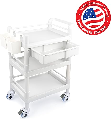 Medical Mobile Trolley Cart 3 Tier 500 Lbs Spacious Beauty Salon Rolling Trolley with Dirt Buckets Drawers 360°Rotate Wheels Heavy Duty Medical Utility Cart for Hospital Dental Clinic - Poueer