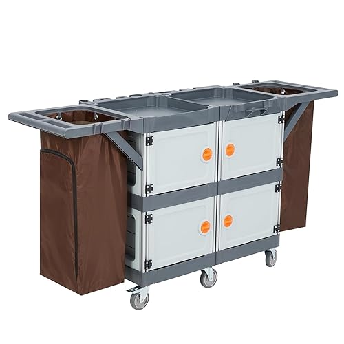 Commercial Janitorial Cart with 4 Cabinet, Hotel Cart Housekeeping Room Service Cart Hand Push Utility Cart with Wheels, Cleaning Cart with Wheels and Large Capacity Vinyl Bag, Housekeeping Carts - Poueer