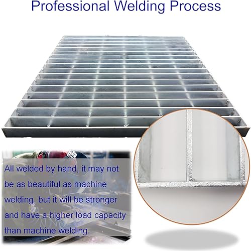 Galvanized Steel Drain Grate with Base, 16x16 Outdoor Drain Cover and Frame, B Class Sewer Grate with Lip, Durable Heavy Duty Channel Grate, Sliver Square Drainage Grate Driveway - Poueer