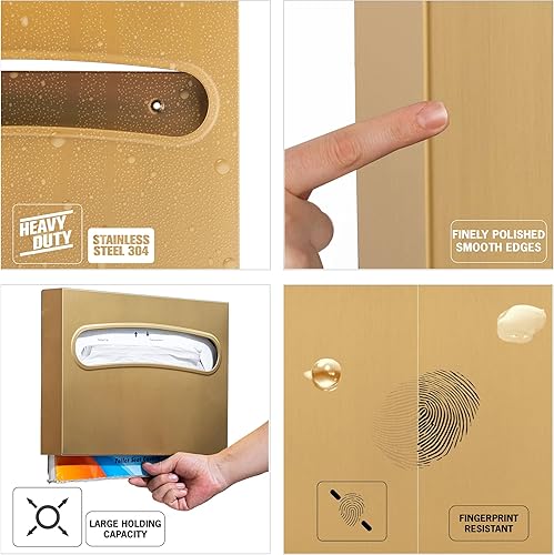 Toilet Seat Cover Dispenser - Enhanced Anti-Fingerprint Coating, HighQuality Stainless Steel, Wall-Mounted for Commercial Bathrooms - Holds 250 Seat Covers - Gold - Poueer