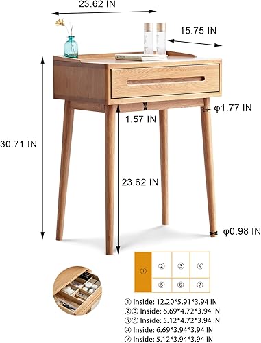 Solid Wood Dresser Bistro Table with Compact Storage, Natural Finish, Table Desk for Accessories, 60cm Width - Poueer