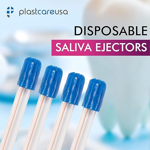 1000 Dental Saliva Ejectors Disposable - Medical Grade Latex Free Evacuation Suction Tips - Flexible Clear Tube with Blue Tip (10 Bags of 100) by PlastCare USA - Poueer