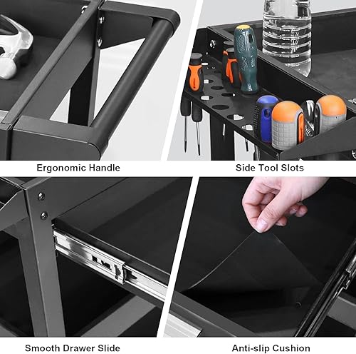 Torin Rolling Tool Cart with Drawer: 3 Level Tool Oragnizer with Foam Pad and Heavy Duty Utility Cart with Four Swivel Casters - 330lb Capacity, Red - Poueer