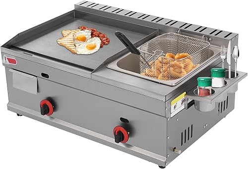 Gas Griddle, 6L/1.59Gal Stainless Steel Griddle & Deep Fryer Combo Gas Deep Fryer Gas Grill Griddle with Oil Draining Basket, Lid & 3 Spice Boxes, Commercial Griddle with Fryer for RV, Camping - Poueer