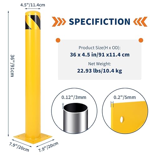 Safety Bollard Post, 42' x 4.5' Height Bollard Post, Steel Safety Bollard with Anchor Bolts, for Warehouse,Traffic-Sensitive Area,Yellow,2 Pack - Poueer