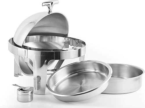 2 Pack 6 QT Round Roll Top Chafing Dish Chafer, Stainless Steel, Each Set Includes Food Pan, Water Pan, Fuel Holder, and Apron- Durable, shiny silver, keeps food warm in catered events - Poueer