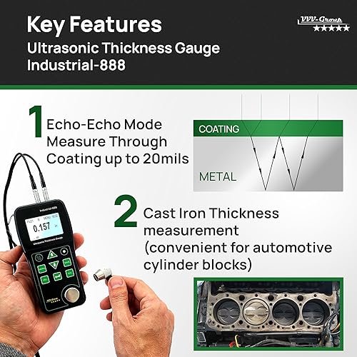 Ultrasonic Thickness Gauge Industrial-888 / Echo-Echo Mode Measure Through Coating up to 19.685mils (500 microns) / Range 0.039-19.685 in (All Material) - Poueer