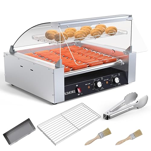 7-Roller Hot Dog Roller Machine with Dual Temperature Control, Holds 18 Hot Dogs, Non-Stick & Stainless Steel, LED Light, for Parties, Events & Food Stalls 1050W - Poueer