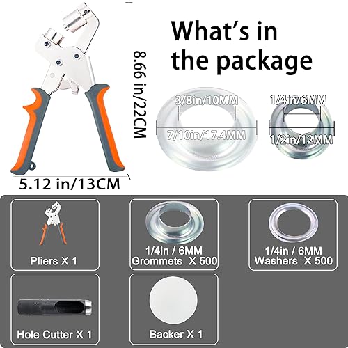 Heavy Duty Grommet Tool Kit, 500 pcs 3/8 Inch 10mm Grommets, Grommet Kit, Eyelet Tool, Press for Tarp, Fabric, Banner, Canvas, Leather, Tents, Vinyl, Punching Machine - Poueer