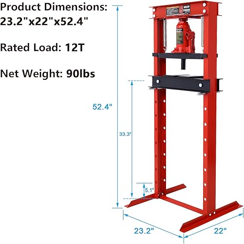 12 Ton Hydraulic Press, H-Frame Shop Press with Press Plates for Garage, Car Repair, Mechanical Workshops, Adjustable Working Table Height (Orange-12 Ton) - Poueer