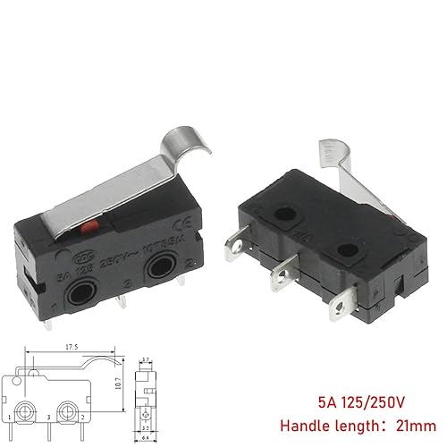 10pcs Micro Switch Copper Contact 5A 125/250V Mini Limit Switch No Nc 2/3Pin Roller Arc Rod(Left Foot with Rod) - Poueer
