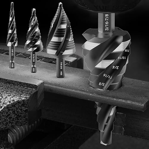 MABLEVI 5 Pcs Four Spiral Flute Step Drill Bit Set, 1/8'-1-3/8' HSS Unibit Step Drill Bit, 1/4' and 3/8' Shank Step Bit for Metal, Stainless Steel, Aluminum, Wood, Plastic - Poueer