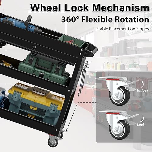 3 Tier Foldable Service Cart with Wheels, Rolling Collapsible Folding Utility Cart for Home, Office, Garage, and Warehouse (Red) - Poueer