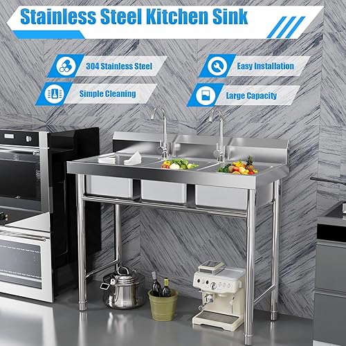 Commercial Utility Sink 3 Compartment Stainless Steel Sink Set Freestanding Restaurant Station with 2 Faucets Commercial Utility Basin for Bars, Kitchens (39 x 18 x 35.8In) - Poueer