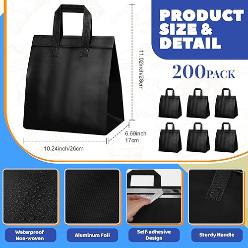 Hushee 200 Pcs Insulated Take out Bags Bulk Thermal Insulation Take Away Bags Disposable 10.24x11.02x6.69 Inch for Grocery Lunch Hot Cold Frozen Food Delivery Shipping Cooler(Black) - Poueer
