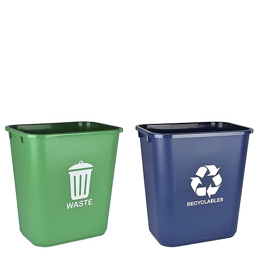 Acrimet Wastebasket Bin for Recycling and Waste, 6.75 Gallon/ 27 Quart/ 24 Liter (Plastic) (Green and Blue) (Set of 2) - Poueer