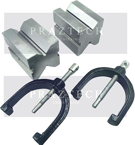 PRAZTECH® Precision Engineers VEE Blocks CLAMP Set - V Block Matched Pair, 40mm x 32mm x 32mm, Clamping capacity: 1' (25mm) in Wooden Box - Poueer