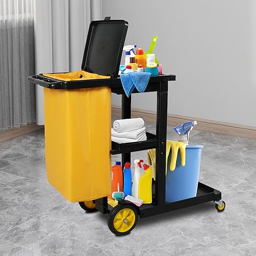 Cleaning Cart on Wheels with 3 Shelves, Commercial Housekeeping Cart- Ideal for Hotels, Business Centers & Apartments, Includes Yellow Garbage Bag & Lid - Poueer