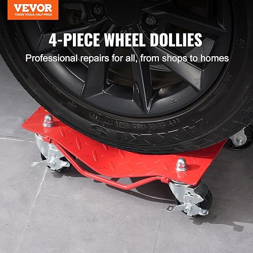 VEVOR Wheel Dolly, 8000 lbs Capacity Heavy-Duty Steel Car Mover, Wheel Dolly Car Tire Stake Set with Brakes, Vehicle Moving Cart Moving Cars, Trucks, Trailers, Motorcycles, and Boats, Set of 4, Red - Poueer