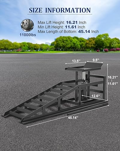 Hydraulic Car Ramps, 4-Position Adjustment, 5T 11000lbs Low Profile Car Lift Service Ramps Truck Trailer Garage,Height Hydraulic Vehicle Ramps, Lift Height 11.61-16.21 inches - Poueer