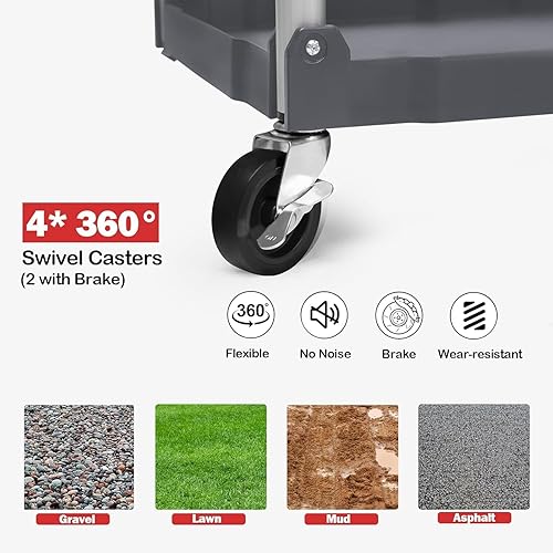 Foldable Utility Carts, 3-Tier Service Cart with Lockable Universal Wheels, Holds Folding Rolling Cart with Fixed Rope for Home, Office Garage and Warehouse No Assembly Require - Poueer