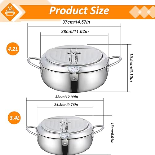 Deep Fryer Pot, 11 Inch 4.2L Stainless Steel Japanese Tempura Frying Pot with Lid, Temperature Control, Oil Drip Drainer Rack for Fried Chicken, Shrimp, French Chips - Poueer