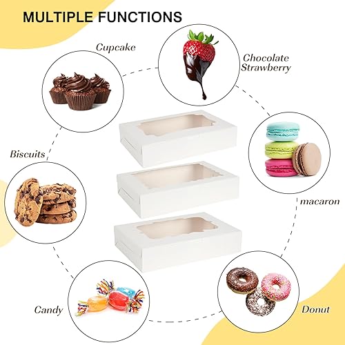 TOMNK 60pcs Bakery Boxes, 12x8x2.5 Inches 3 Style Cookie Boxes, Treat Containers with Window for Mother's Day, Candies, Chocolate Strawberries, Cakes, Muffins, Donuts - Poueer