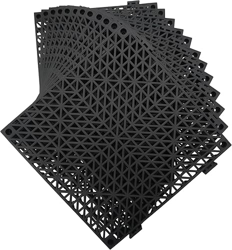 12 Pack Modular Interlocking Cushion 11.6' x 11.6' Rubber Mat Floor Tile Mats Drain Pool Patio Balcony Yard Pet Area Washer Pad(Black) - Poueer