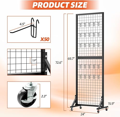 2' x 6' T Base Grid Wall Panels, 2 Pack Gridwall Panel Display Stand with Wheel, Heavy Duty Metal Grid Wall Panel with 50 Hooks, Two-Double Grid Wall Panel Display for Art Craft Display - Poueer