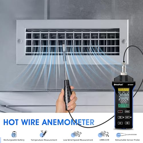 HOLDPEAK Professional Hot-Wire Anemometer, High-Precision Digital CFM/CMM Air Velocity Meter Wind Speed Gauge, HVAC Wind Temperature Tester with Telescopic Probe, Backlit LCD, USB Data Export - Poueer