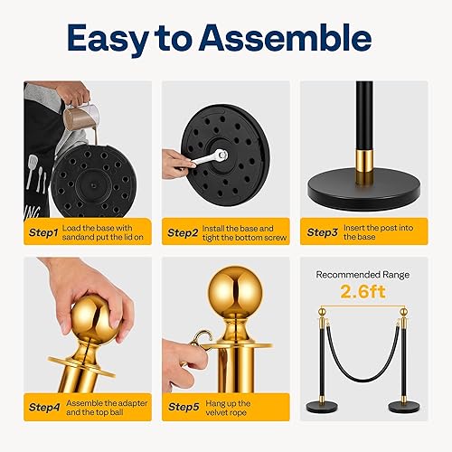 VIVOHOME Heavy Duty Iron Stanchion Post Queue 4PCS Pole w/ 2 Black Velvet Ropes, Crowd Control Barriers w/Fillable Base for High-end Venues, Museums, Party Supplies (4 Pieces, Black and Golden) - Poueer