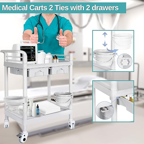 Mobile Medical Cart, 2 Tier Trolley 330 Lbs, with 2 Drawers Carts, Beauty Salon Rolling Trolley with Dirt Buckets, 360° Rotate Wheels, Heavy Duty Medical Utility Cart for Hospital Dental Clinic - Poueer
