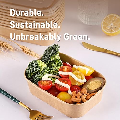 Paper Food Containers with Lids [50 pack] 35 oz Kraft Paper Meal Prep Containers with Lids, Microwavable and Freezer Storage Use Cardboard Food Containers, Disposable Take Out Containers - Poueer