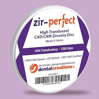 Dental Creations Zir-Perfect High Translucent Zirconia Disc - 98mm X 14mm - Offered in 9 Shades (A1) - Poueer