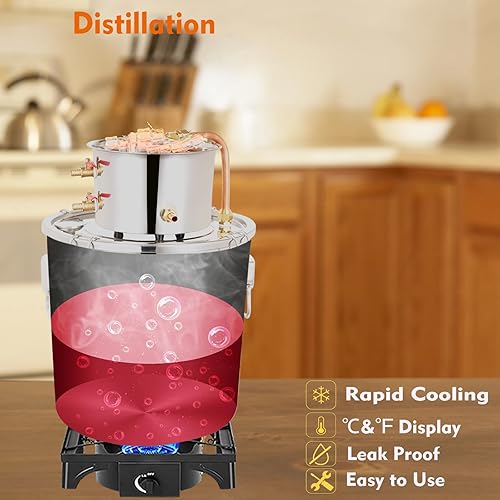 Alcohol Still 8 Gallon 2 Pots Shine Still Distillery Kit for Alcohol Stainless Steel Copper Tube Complete with Water Pump Metal Thermometer Airlock Brew Bag Proof Alcoholmeter Test Kit - Poueer