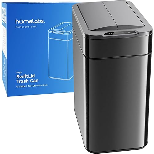 hOmeLabs - 13 Gallon Kitchen Trash Can - Retractable Automatic Sensor Butterfly Lid, Space-Saving Design, Easy to Clean, Battery-Operated with Batteries Included - Stainless Steel - Poueer