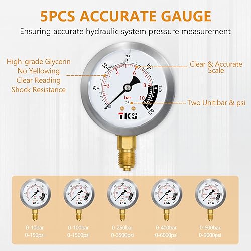 Hydraulic Pressure Test Kit，600bar /8700psi / 60mpa 5 Gauges 14 Tee Connectors 13 Test Couplings 5 Test Hoses, Hydraulic Gauge Kit Sturdy Carrying Case - Poueer