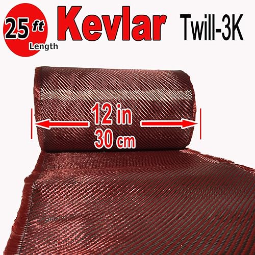 (1 ft -25 ft Rolls) KARBXON - 12 in - Carbon Fiber Aramid Fabric - RED - 3K - 240g/meter - Twill Weave - Advanced Cloth Fabric - Rolled 12” Wide Hemmed Fabric for Repair, Drones, RC & DIY Projects - Poueer