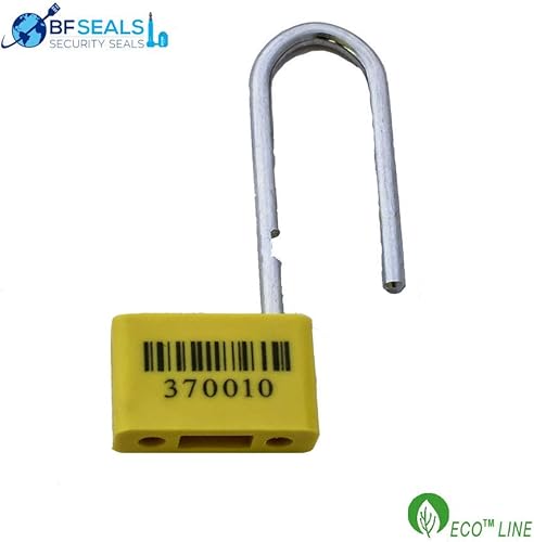ECO-Plastic One-Time-Use Heavy Duty Padlock B Security Seal, with Metal Wire, Numbered and Barcoded, Yellow Color, 40 pcs. - Poueer