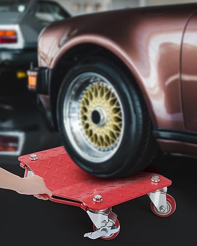 Car Dolly Set of 4, 6000LBS Capacity Wheel Dolly, Heavy Duty Car Tire Dolly Wheels Cart Moving Cars, Heavy Duty Vehicle Dolly with 360° Rotational Wheel, Red - Poueer