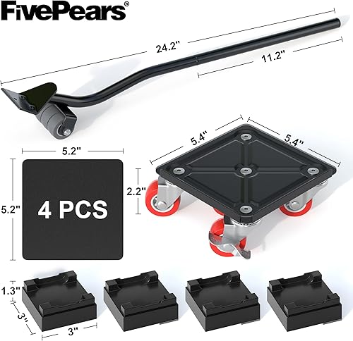 Fivepears Furniture Lift Mover Tool Set-3000 lb,5-Wheel Heavy-Duty Furniture Dolly with Handle,360°Swivel Casters Trolley-Ideal for Moving Heavy Machinery, Equipment, Pianos, Couches and Carpeted - Poueer