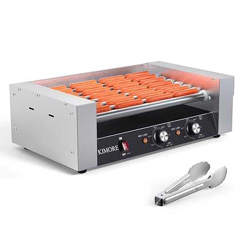 7-Roller Hot Dog Roller Machine with Dual Temperature Control, Holds 18 Hot Dogs, Non-Stick & Stainless Steel, LED Light, for Parties, Events & Food Stalls 1050W - Poueer