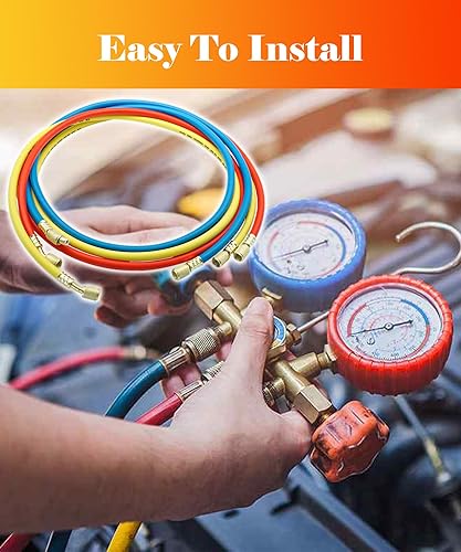 New Upgrade 29985 Plus II Manifold Hose Set,72' Standard 1/4' FL to 1/4' Low Loss Hvac Hoses Compatible with R410A and All Common Refrigerants-800 PSI Working Pressure(3 Pack) - Poueer
