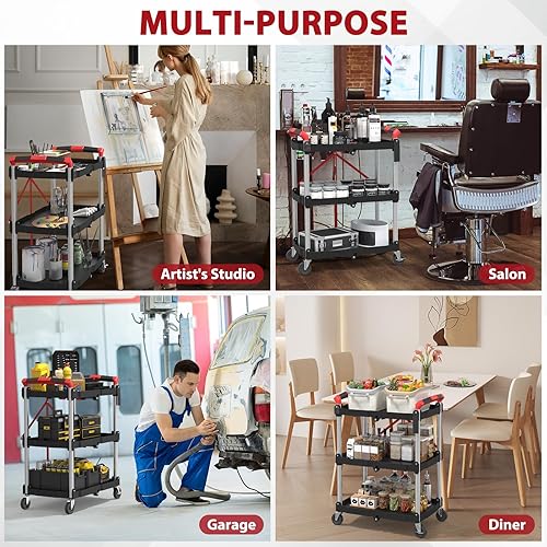 3 Tier Foldable Service Cart with Wheels, Rolling Collapsible Folding Utility Cart for Home, Office, Garage, and Warehouse (Red) - Poueer