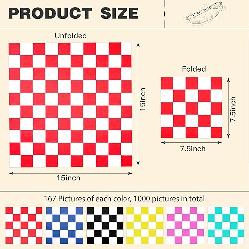 Colarr 1000 Pcs Waxed Paper Sheets Bulk 15 x 15 Inch Large Sandwich Wrapping Papers Checkered Deli Food Basket Liners for Burgers Bread Restaurant Barbecue Picnic(Red) - Poueer