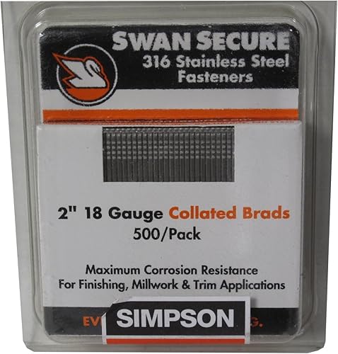 Simpson Strong-Tie T18N200FNB Straight, Adhesive Collation, T-Style Head, 18-Gauge Brads — 2 in. Type 316 (500-Qty) - Poueer