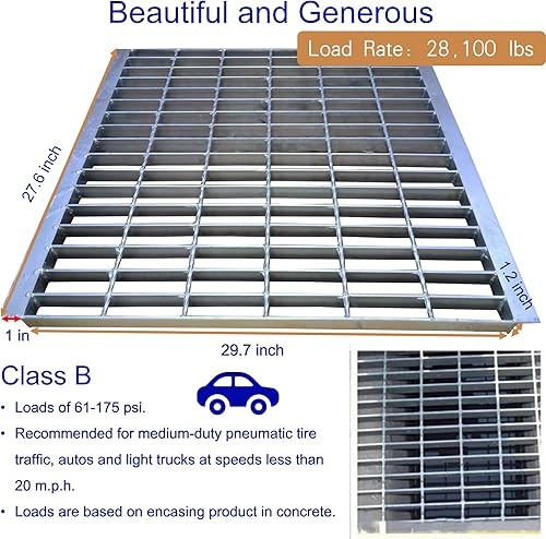 Galvanized Steel Drain Grate with Base, 16x16 Outdoor Drain Cover and Frame, B Class Sewer Grate with Lip, Durable Heavy Duty Channel Grate, Sliver Square Drainage Grate Driveway - Poueer