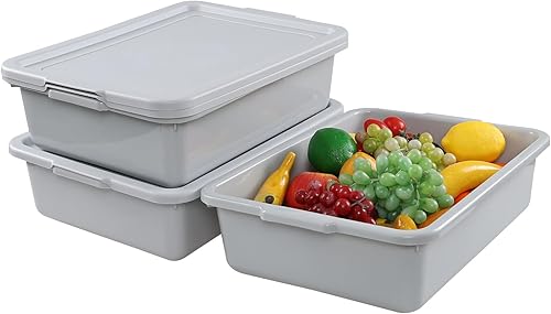 3-Pack 13 L Commercial Bus Tub Box, Plastic Restaurant Bus Tubs with Lids, Grey - Poueer